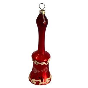 Vintage Blown Glass Christmas Bell Ornament Red Mica Trim Long Stem 1950s-60s